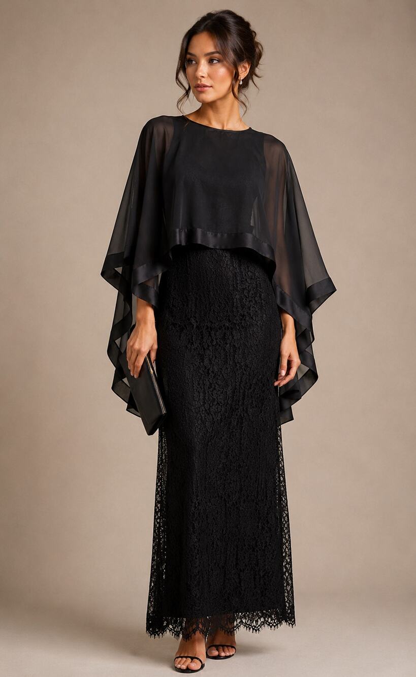 Dainty Jewells Cape Lace Maxi Dress Womens XS Black With Chiffon Overlay Formal